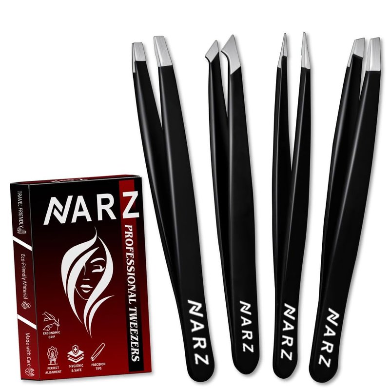 NARZ 4Pcs Professional Tweezers for Women Facial Hair Stainless Steel Precision Tweezers for Ingrown Hair Eyebrow Tweezer for Men & Women (Black Set)