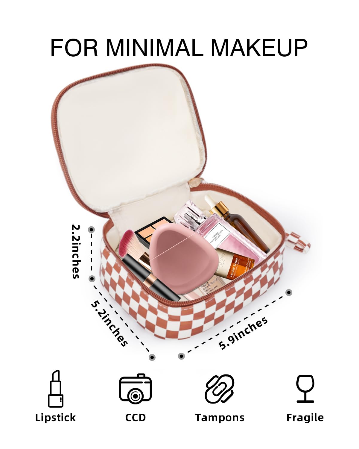 GENBECACHE Mini Cosmetic Bag, Small Makeup Bag for Purse, Zipper Checkered Pouch, Packing Cube for Travel with Wrist Strap, Brown