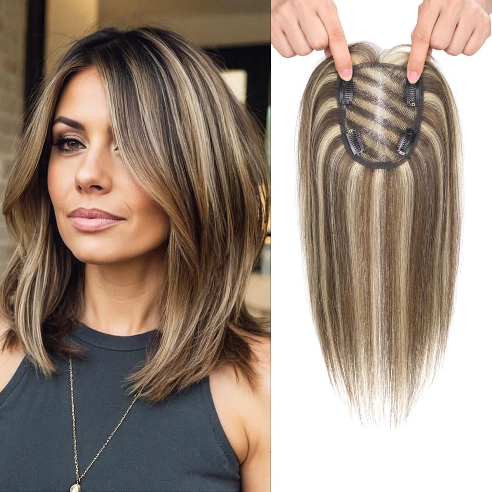 Human Hair Toppers for Women - Medium Brown with Warm Blonde Highlights | 10cm x 12cm