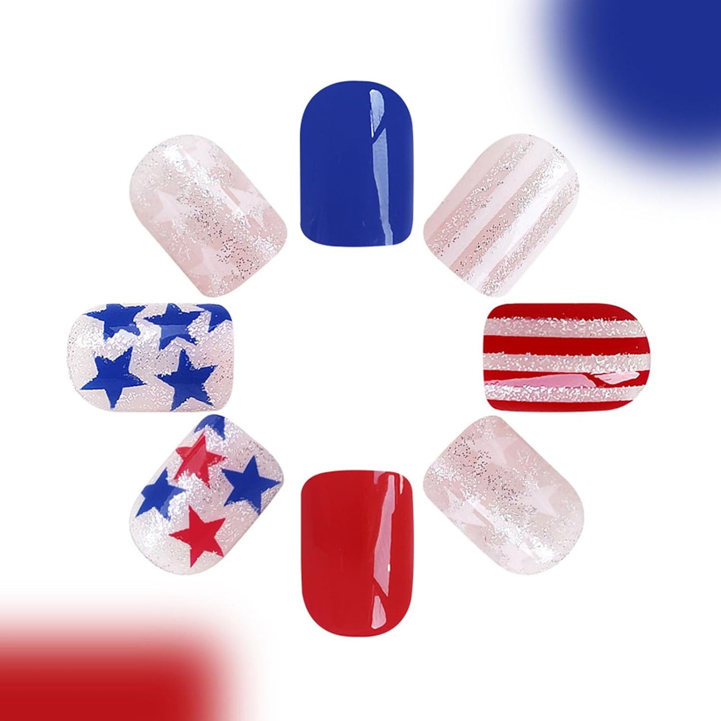 Press On Nails - Short Square Red, White & Blue Acrylic Nails with Glitter Stars | 4th of July Designs, 24 Pcs