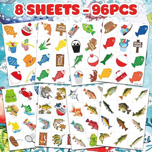 Frawharmone 96 PCS Gone Fishing Kids Temporary Tattoos - Fishing Tattoos