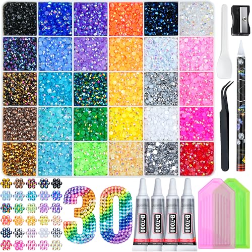 30 Colors 3mm Resin Rhinestones Bedazzling Kit with Adhesive & Tools - 45,000 Pcs