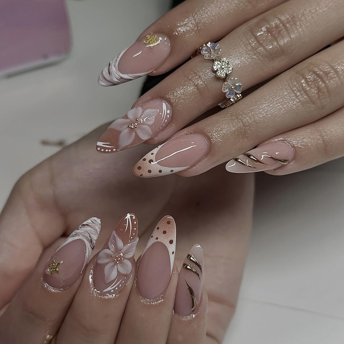 French Tip Almond Press-On Nails - Cat's Eye Acrylic with 3D Charms | 24 Pcs Set