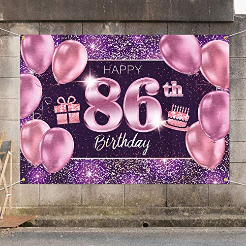 86th Birthday Banner Backdrop - Pink Purple Gold 4x6ft Party Decor