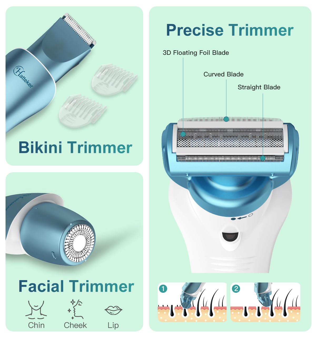 Hatteker Women's Electric Shaver Bikini Trimmer Hair Trimmer for Women Electric Razor for Legs Bikini Underarm Public Hairs Led Display IPX7 Waterproof Gift for Women (Blue)