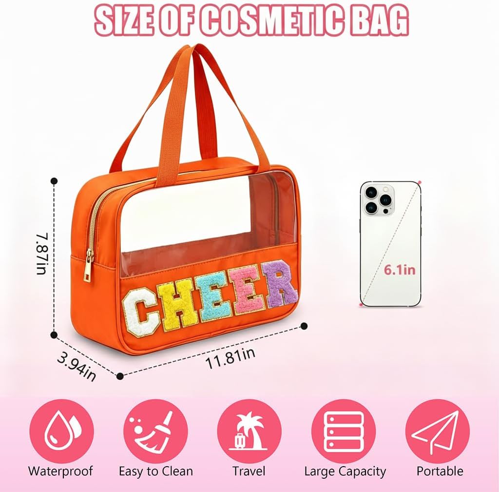 Cheer Makeup Bag - Waterproof Nylon Cosmetic Organizer with Handle | Chenille Letter Patch, Perfect Cheerleader Gift
