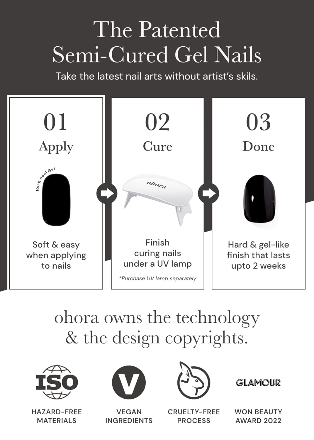 Ohora Semi-Cured Gel Nail Strips - Salon-Quality Bare Gray Design | Easy Application & Removal, Includes Prep Pads & File