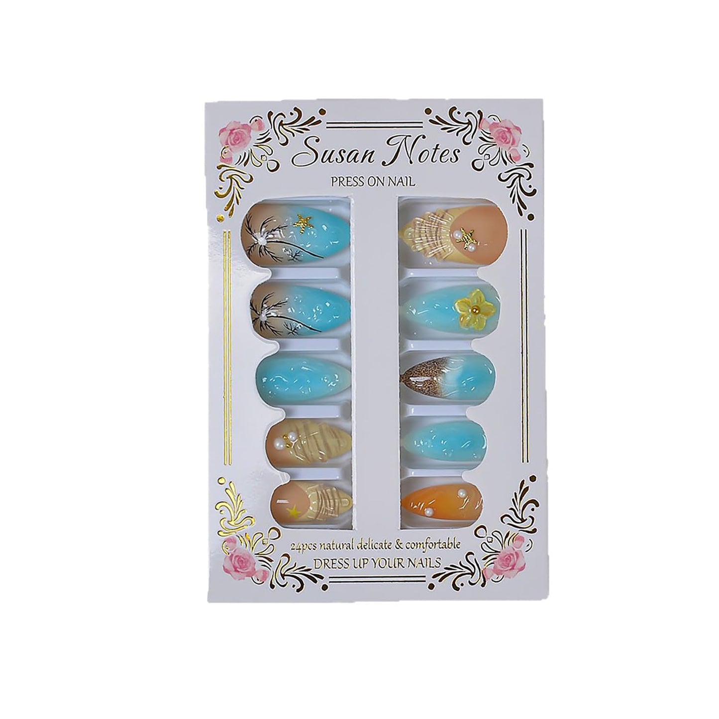 Press On Nails - 24Pcs Medium Almond French Tip with 3D Gold Starfish & Flower Designs | Full Cover Summer Acrylic Nails