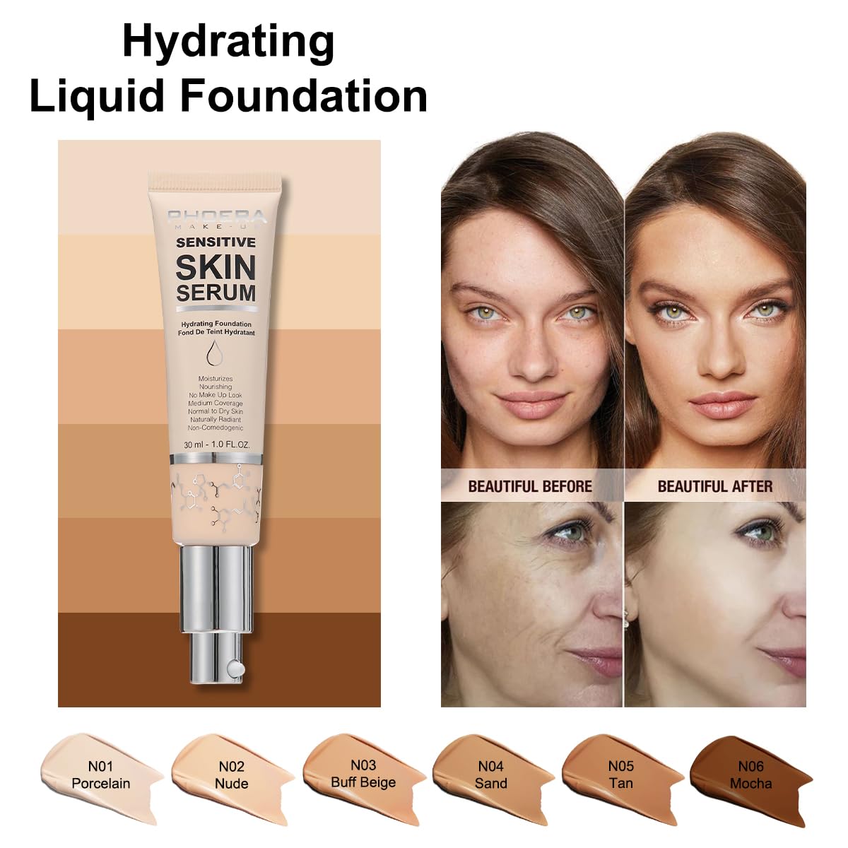 PHOERA Hydrating Foundation - Hypoallergenic Tinted Moisturizer for Mature Skin | N02 Nude Shade