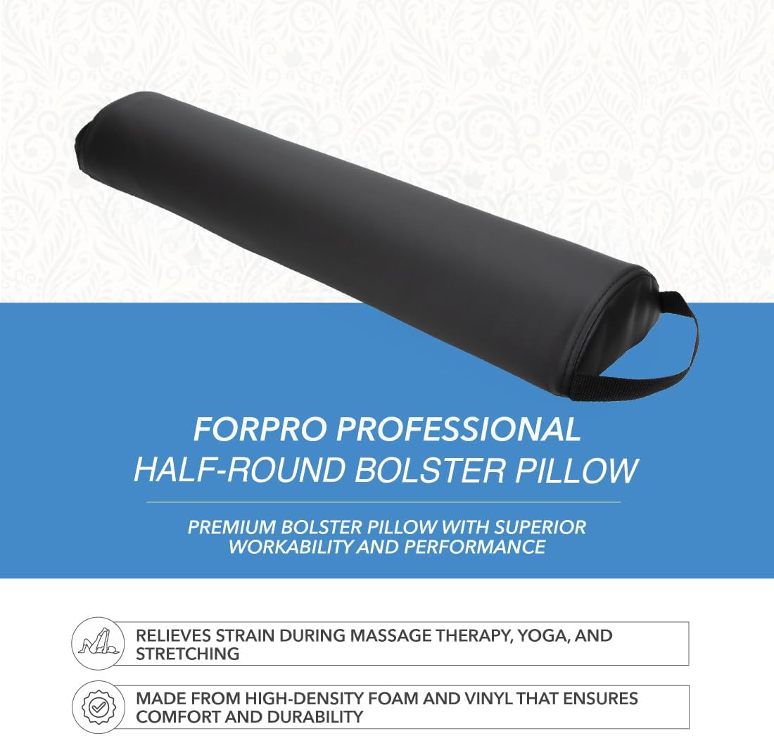Premium Half-Round Bolster Pillow - Oil & Stain-Resistant Massage & Yoga Support | 6"W x 3"H x 26"L, Black
