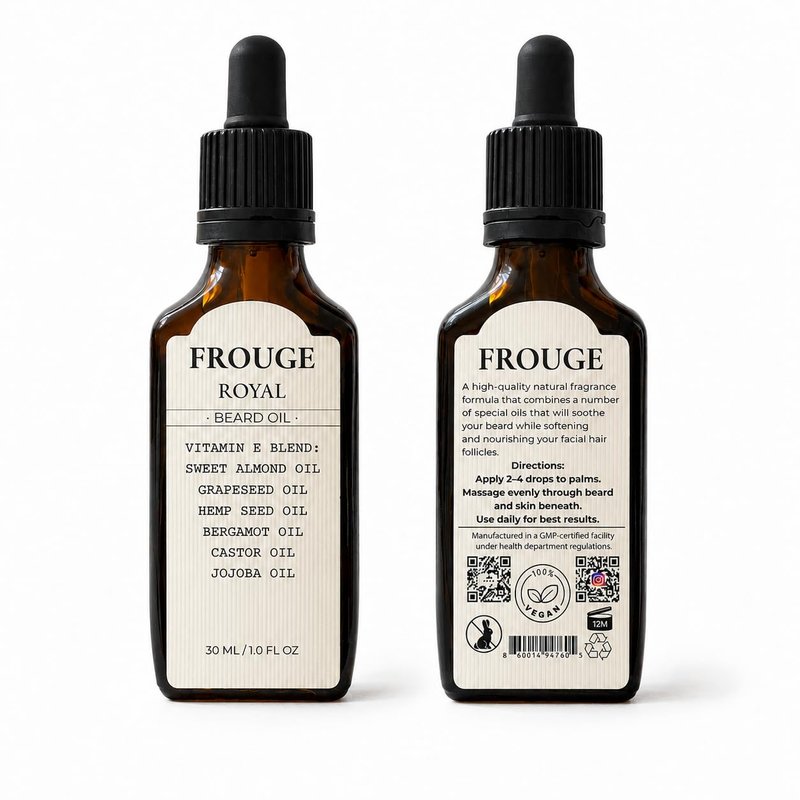 Frouge Beard Oil for Men Growth – Luxury Scented Beard Growth Oil with Argan Oil, Jojoba & Almond Oils – Lightweight Non-Greasy Beard Oil, Softens & Strengthens Beard – 30ml