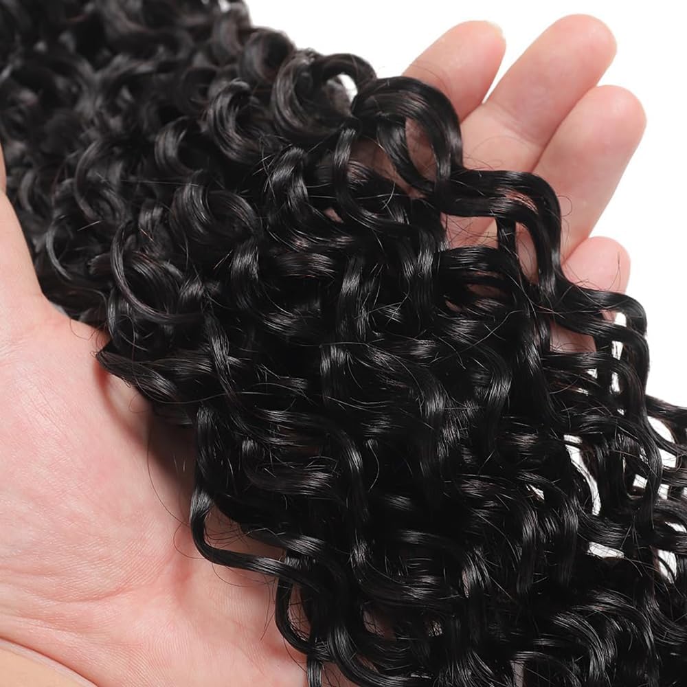 GveoXvo Water Wave Human Hair Bundles Water Wave Bundles Human Hair 14 16 18 Inch Unprocessed Virgin Double Weft Black Bundle Hair Extensions
