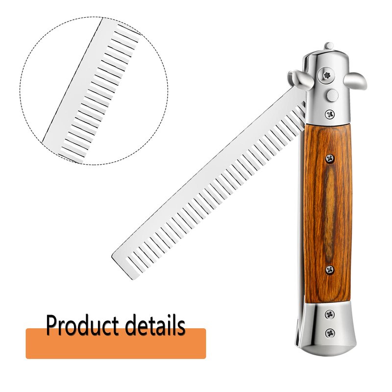 Chengu 2 Pieces Wood Grain Switchblade Blade Pocket Hair Brush Comb Automatic Push Button Brush and Folding Butterfly Stainless Steel Training Practice Comb Outdoor(Black)
