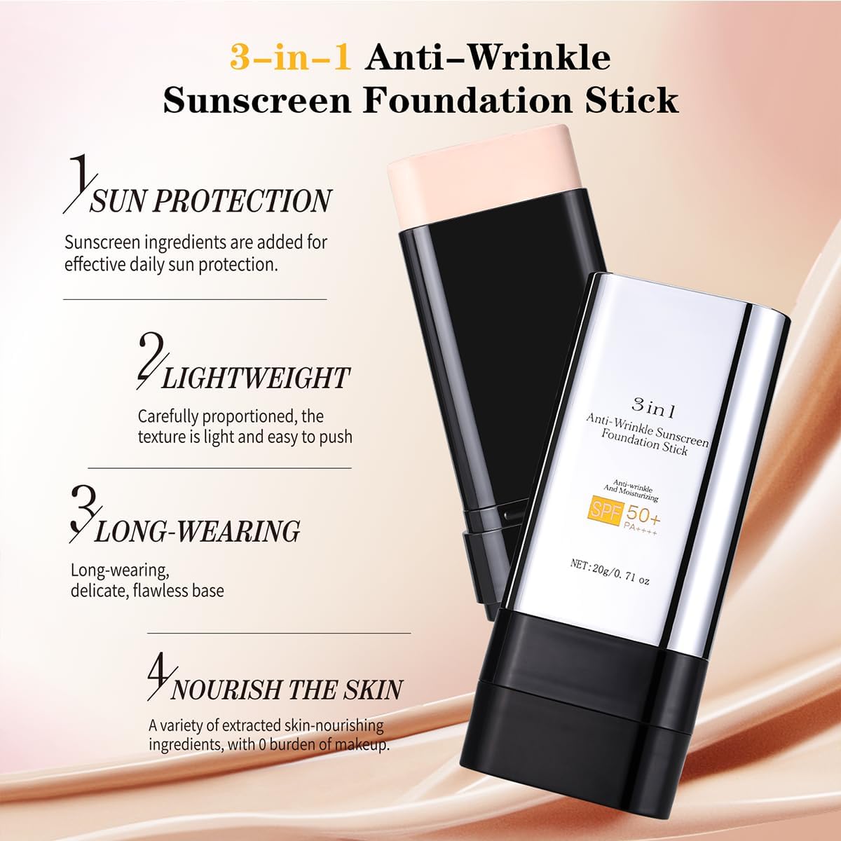 Luxury Anti-Wrinkle Foundation Stick SPF 50+ - Hydrating Matte Formula | Travel Size, 2 PCS (Medium)