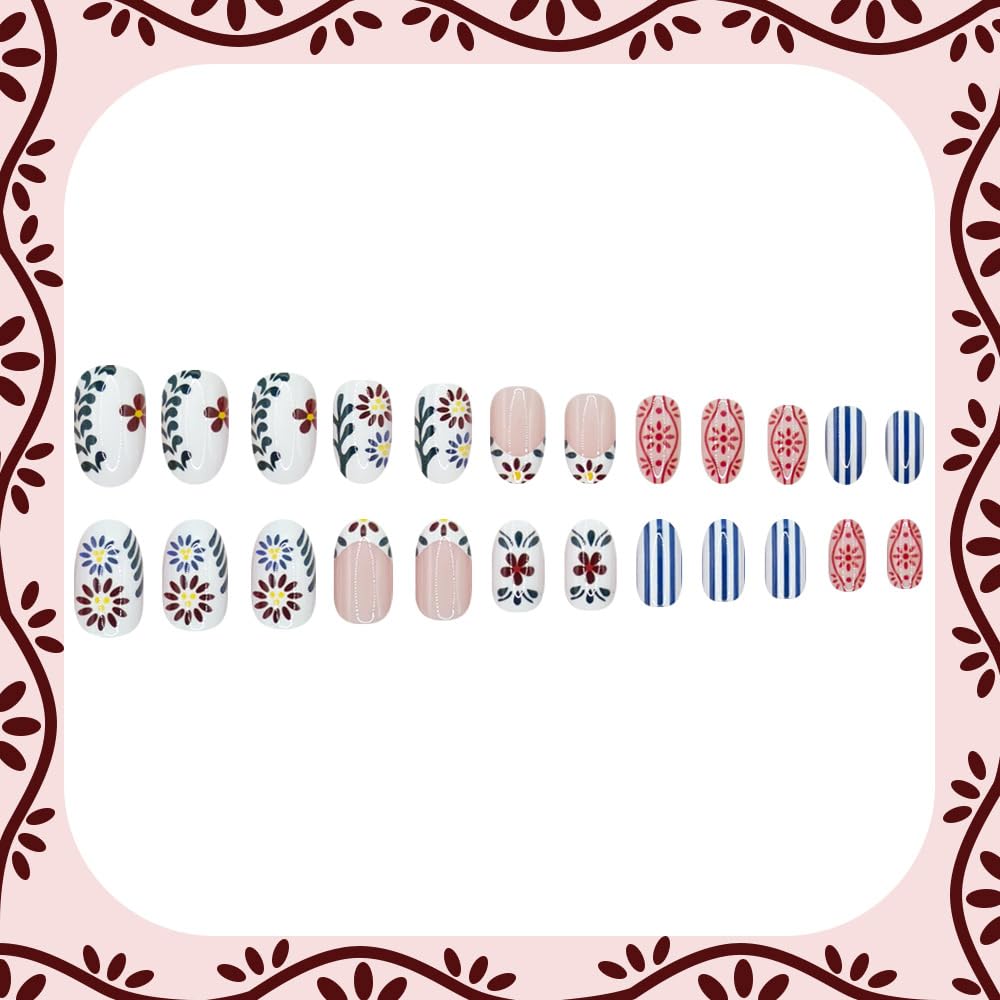 Spring Summer Press on Nails Medium Oval Fake Nails French Tip False Nail with Designs Striped | Leaves | Flowers,Cute Reusable Glue on Nail Full Cover Stick on Nails for Women Manicure 24Pcs