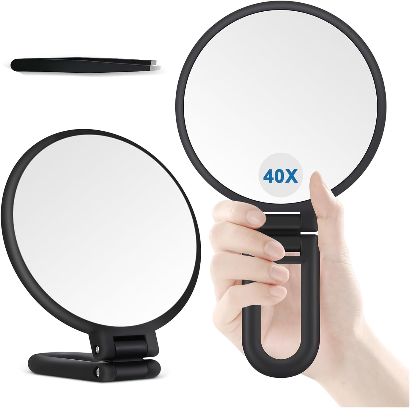 30X Magnifying Hand Mirror - Double-Sided Portable Makeup Mirror | Travel Essential in Black