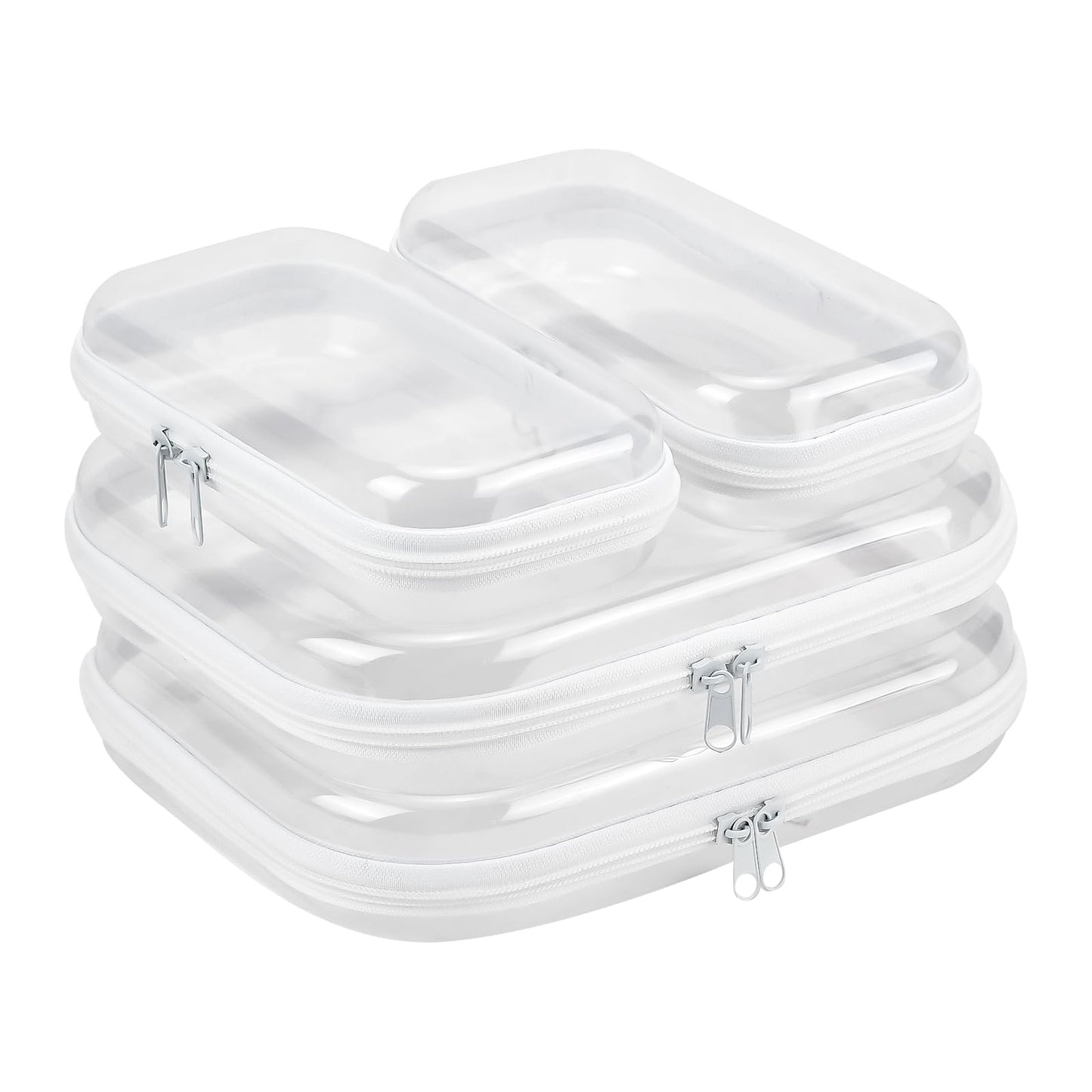 FHUIEWRY 4 Pcs Clear Hard Shell Zipper Case, Clear Zipper Pouches Makeup Box Hard Plastic Travel Toiletry & Cosmetic Bag Portable Travel Organizer Bins for Snacks, Blocks, Puzzles(2S+2M)