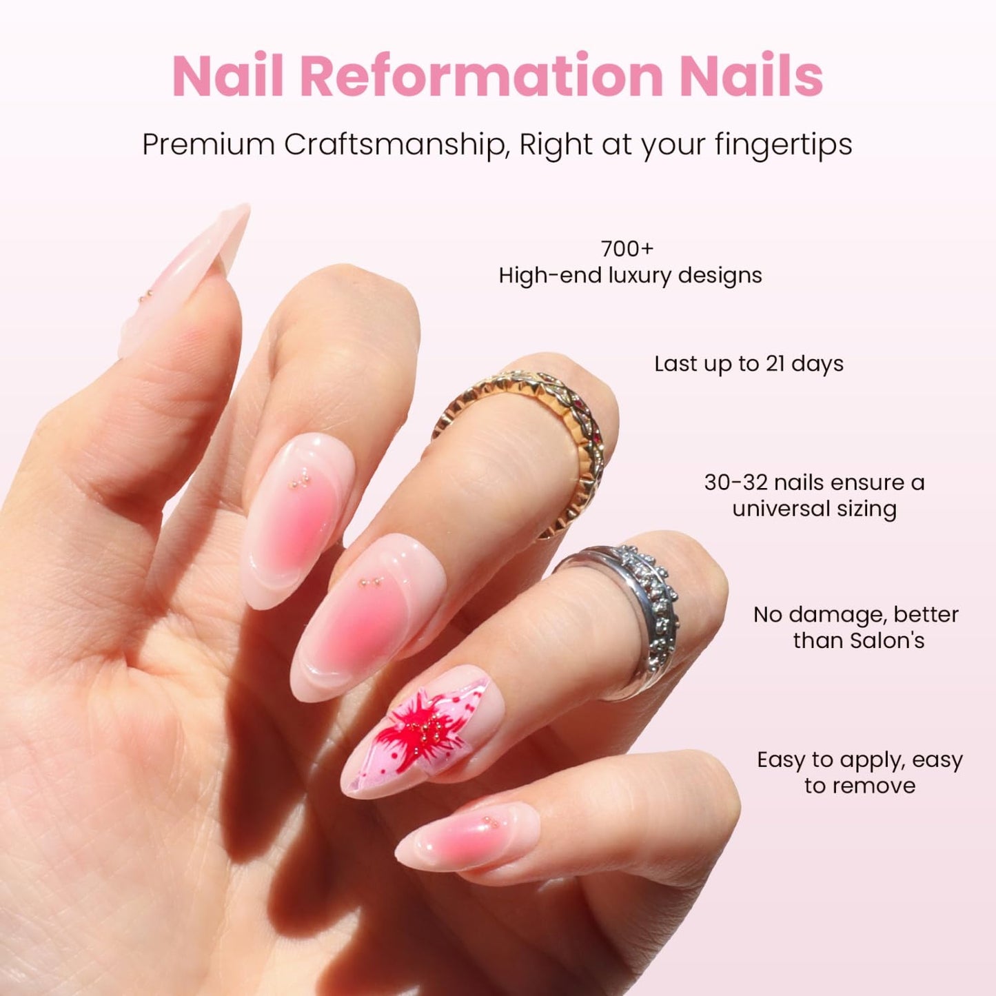 Nail Reformation Press On Nails, Blushing Conch | Soft Pink Ombré Medium Almond Fake Nails with 3D Shell Accents & Gold Shimmer, Glossy Reusable Stick On Nails Kit 30 Pcs in 15 Sizes, Gifts for Women