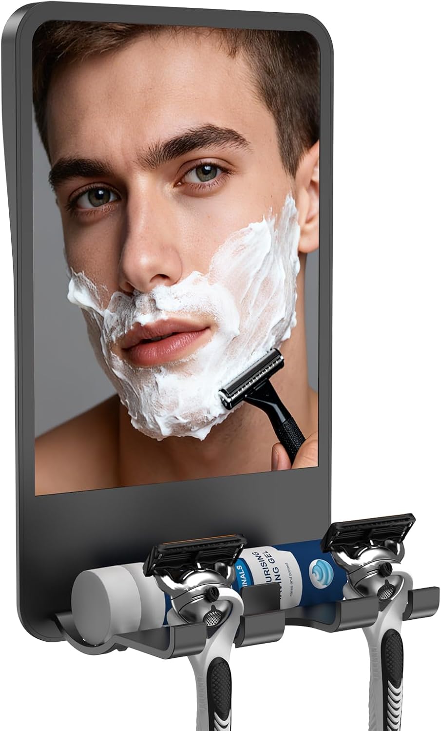 Fogless Shower Mirror for Shaving - Multifunctional Storage for Razor & Foam | Adjustable Angle, Black