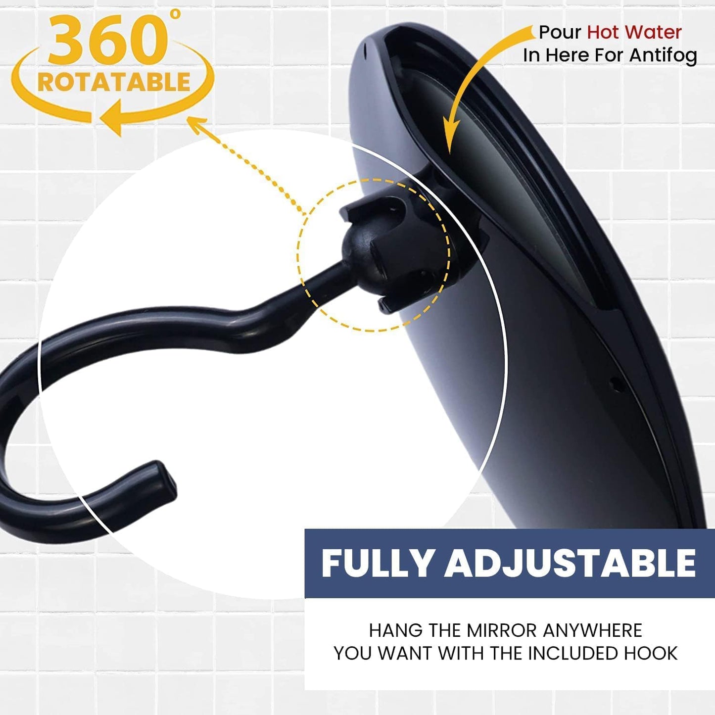 Dual Anti-Fog Shower Mirror for Shaving - Fogless Shatterproof Surface | 8" Diameter, Black