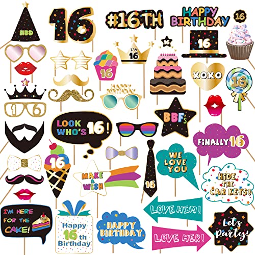 Sweet 16 Photo Booth Props Kit - 40 Premium Birthday Decorations