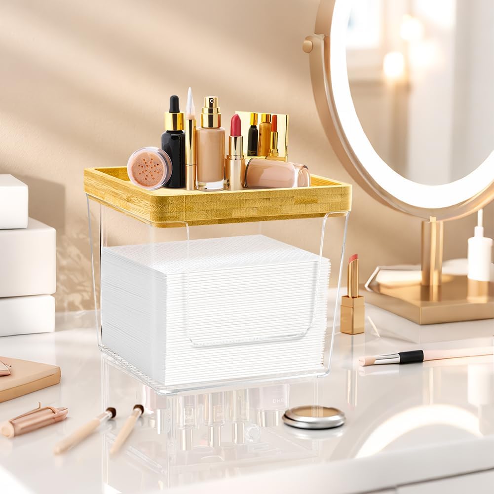 Acrylic Disposable Face Towel Holder Box - Large Bathroom Organizer with Bamboo Lid | Clear Design