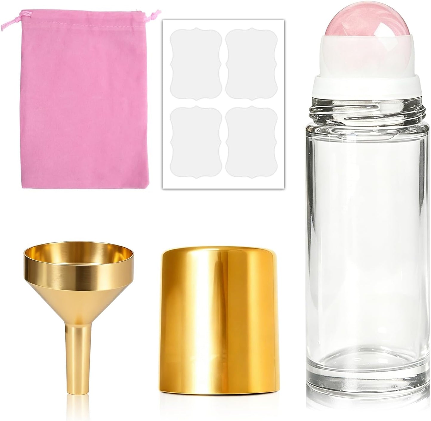 Rose Quartz Roller Bottle - 1oz Refillable Amber Glass for Essential Oils & Skincare | Leak-Proof with Gold Cap & Storage Bag