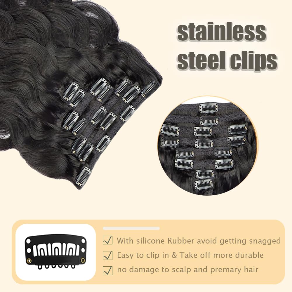 #1B Body Wave Clip in Hair Extensions Real Human Hair, 26 Inch 120g/7Pcs,Full Shine Remy Human Hair,Natural Black Clip ins Brazilian Virgin Human Hair Extensions