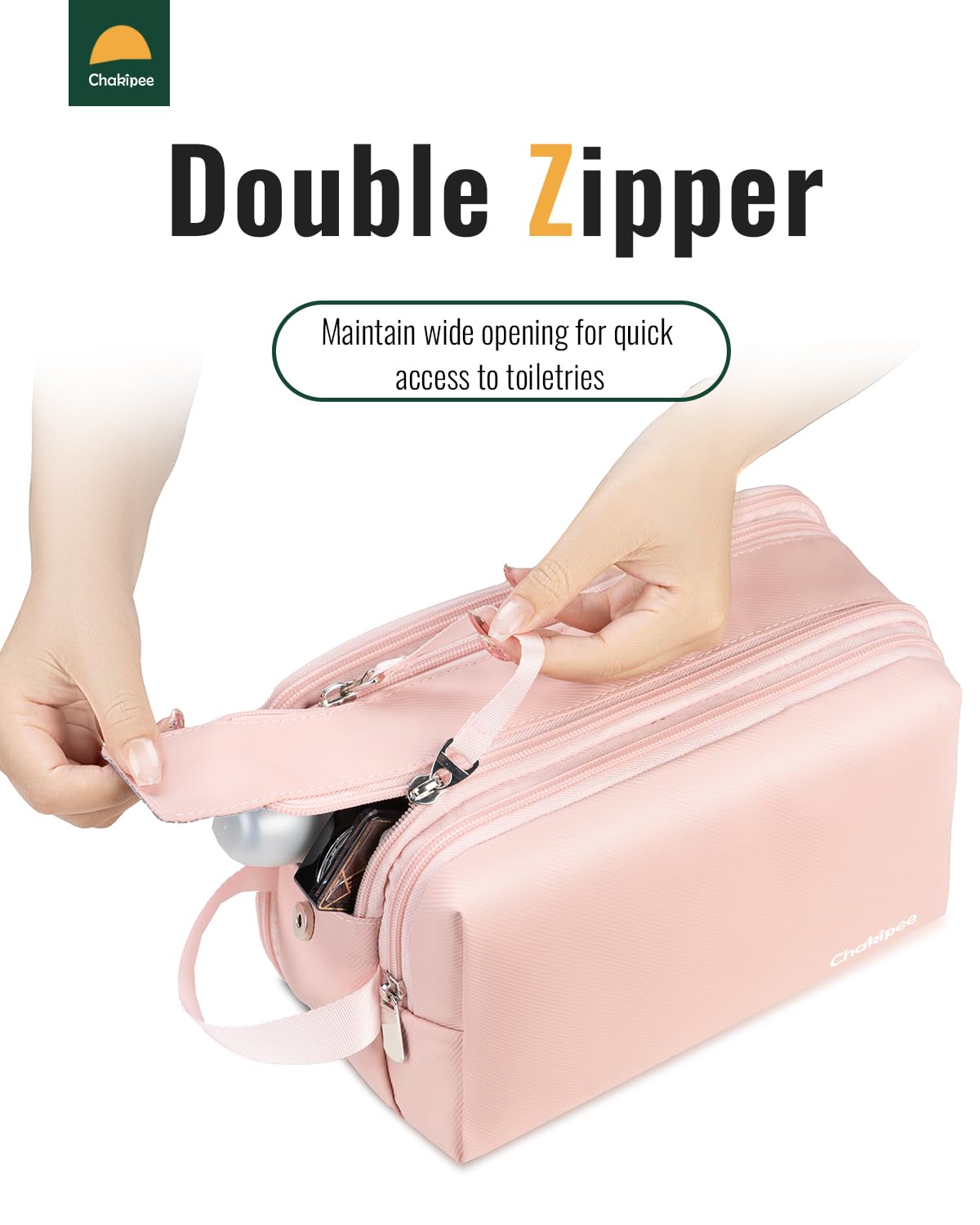 Chakipee Toiletry Bag for Women - Travel Toiletries Organizer Dopp Kit Water Resistant Cosmetic Bag for Toiletry Accessories, Lightweight Pink Toiletries Bags with Zippers, Bathroom Essentials