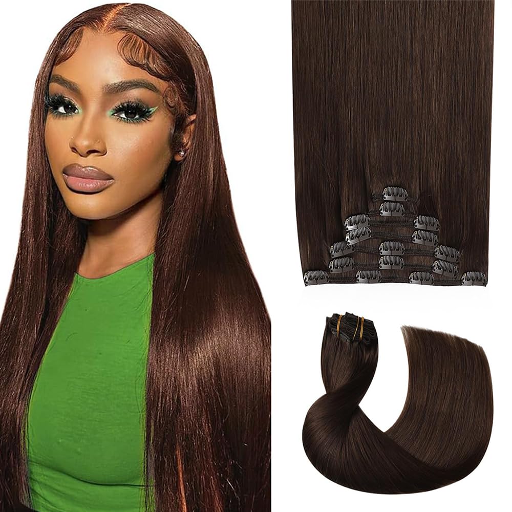 #4 Brown Clip in Hair Extensions Real Human Hair,26 Inch 120g/7Pcs,Full Shine Dark Brown Remy Human Hair,Chocolate Brown Straight Clip ins Brazilian Virgin Hair Extensions