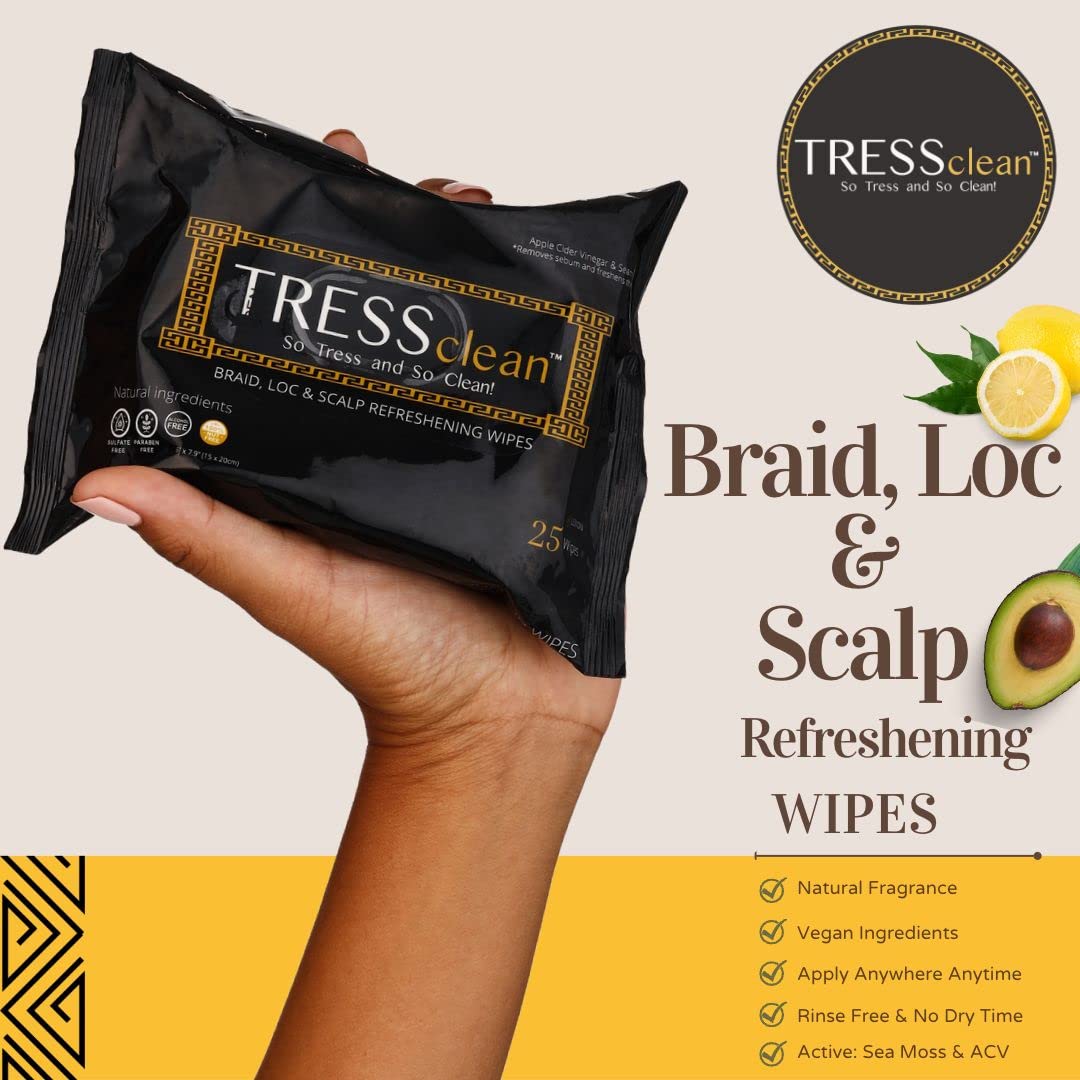 Tress Clean All Natural, Rinse-free Essential Oil Scalp Cleansing Refresh Wipes - Soothing Hair Cleansing Shampoo Wipes. Deodorizing Scalp Detox for Braids & Locs