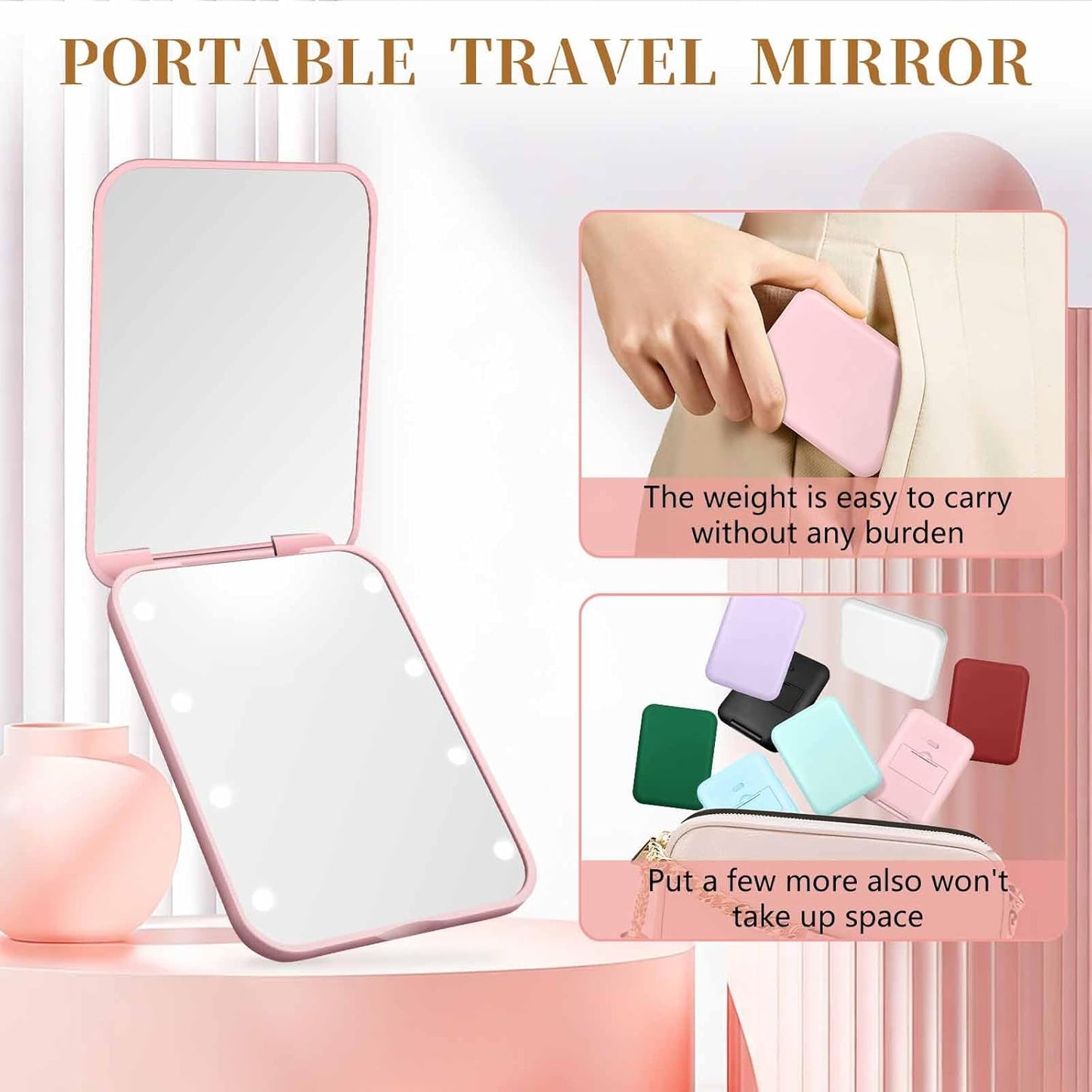 Compact LED Pocket Mirror - 1X/3X Magnification, Mini Travel Mirror for Purse | Pink