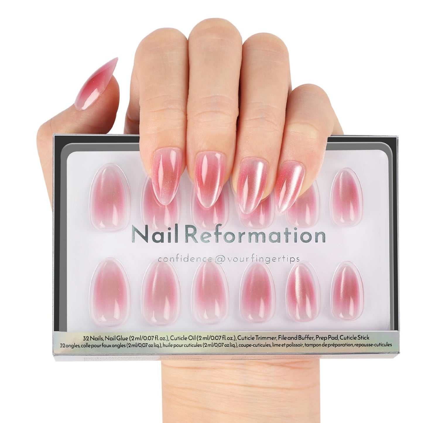 Almond Press On Nails - Rose Gold Glazed Finish | Natural & Reusable, 30 Nail Tips with Glue, 15 Sizes