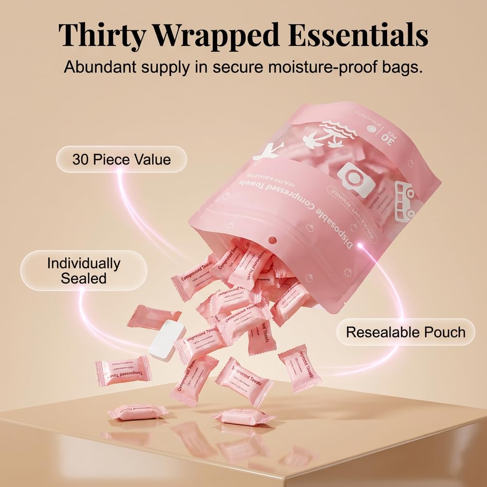 Compressed Towels 30 Pack, 2026 New Portable Travel Towels, Soft Compressed Face Towels for Camping, Compact Coin Tissues for Outdoor Use, Disposable Face Towel for Travelers (Pink, 30 Pcs)