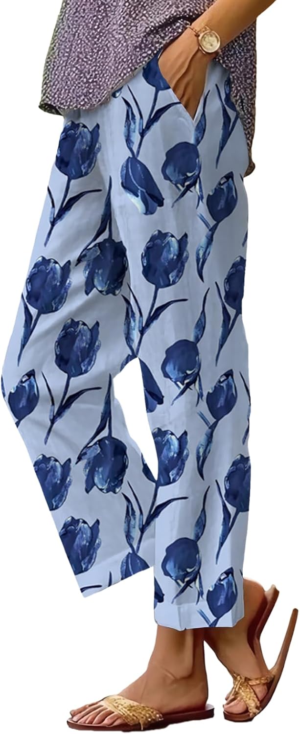 Women's Boho Floral Wide Leg Capris - Elastic Waist, Loose Fit Beach Pants | Casual Summer Trousers