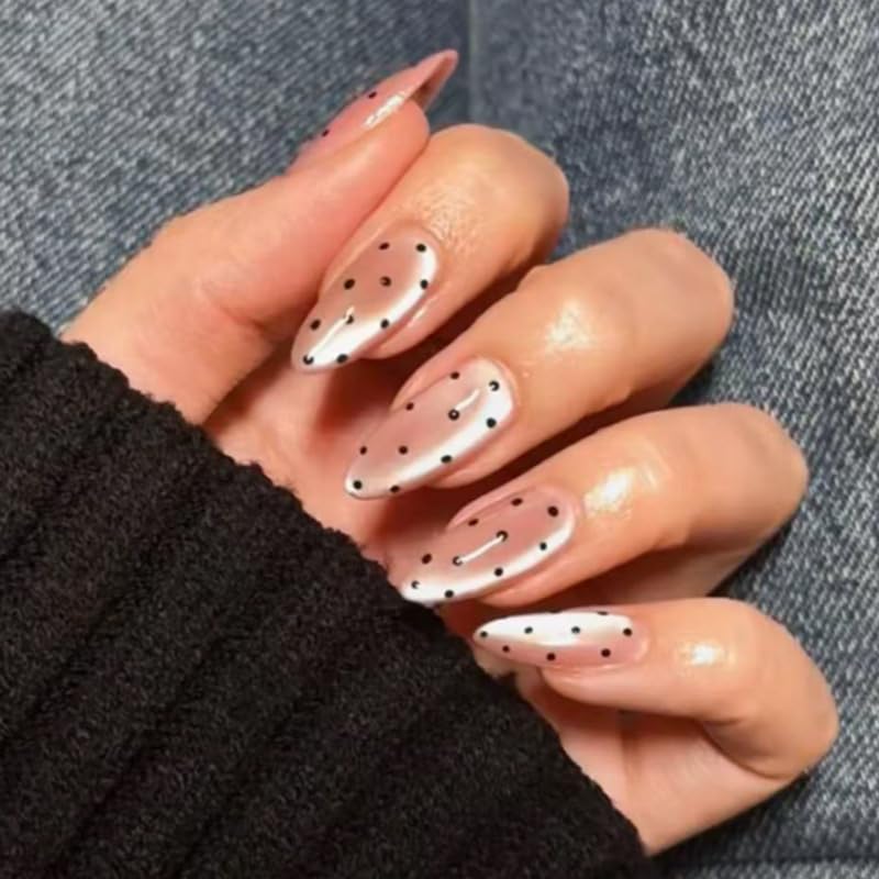 Short Almond Press-On Nails - French Tip & 3D Gold Star Design | Glossy Full Cover Acrylic, Reusable Fake Nails for Women