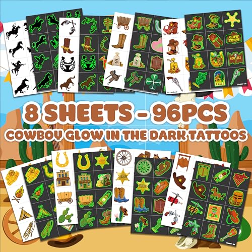96 PCS Glow in The Dark Cowboy Temporary Tattoos for Kids