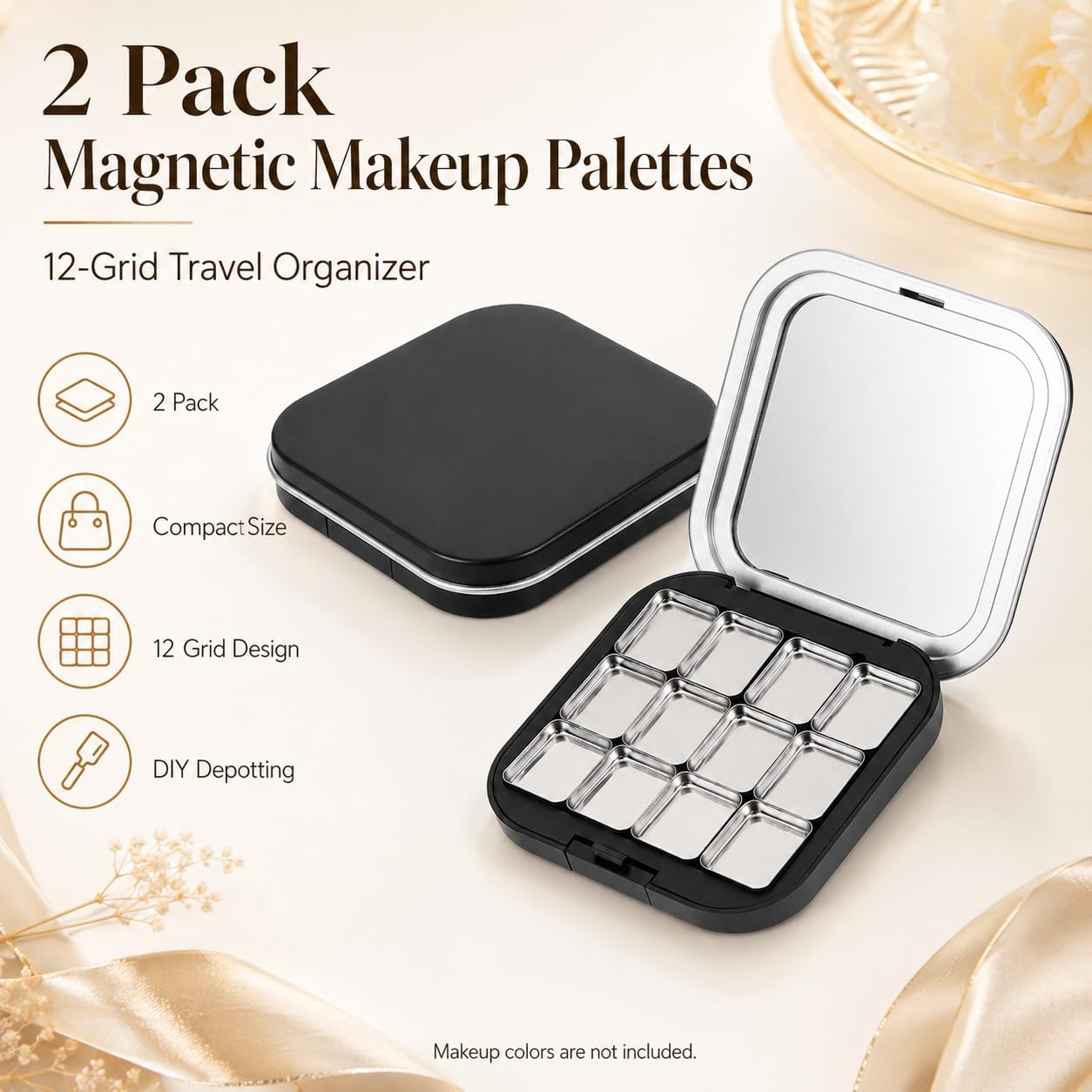 Magnetic Makeup Palette - 2 Pack Small Empty Eyeshadow Organizer with 12 Grids | Refillable Cosmetic Case for DIY Depotting