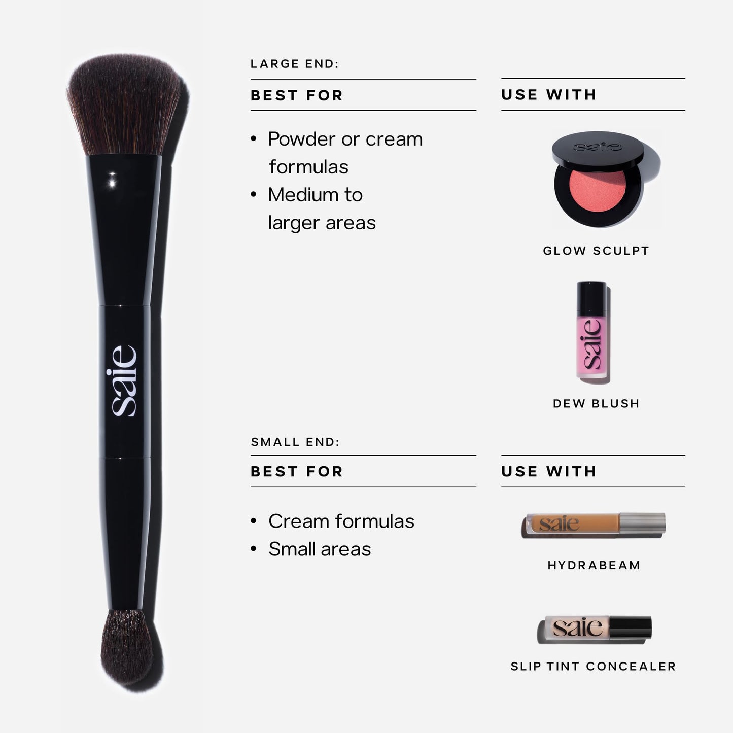 Saie The Double Brush - Dual Ended Makeup Brush For Powder and Cream Formulas - 2 Ultra-Soft Makeup Brushes in 1 for Precise + All-Over Application - Conceal, Highlight, and Sculpt - Vegan (1 Count)