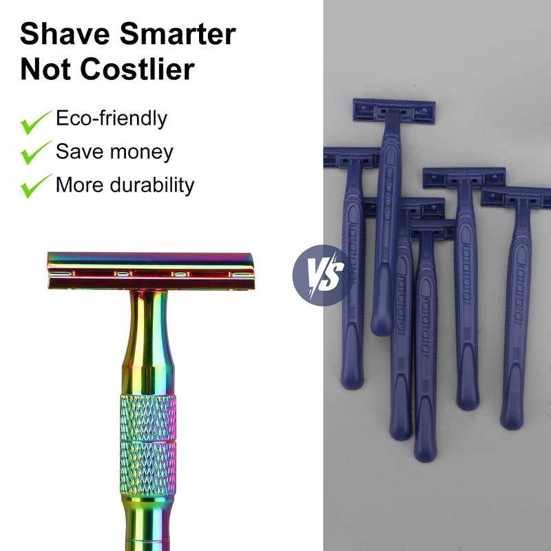 Rainbow Safety Razors for Men and Women, Single Blade Razor, Reusable Metal 1 Blade Razor, with 10 Stainless Steel Double Edge Blades, Smooth & Close Shave, Plastic Free, Sustainable