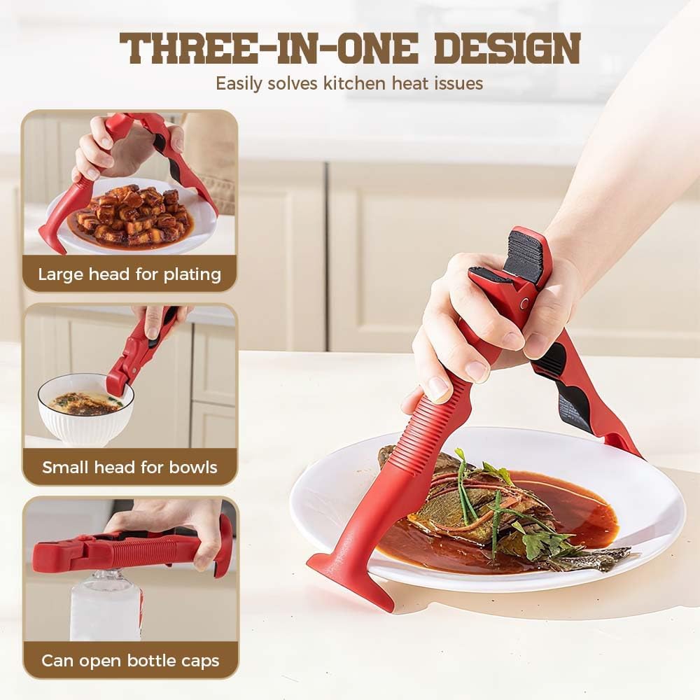 3-in-1 Hot Plate Gripper - Multi-Angle Anti-Scald Bowl Holder Tool | Red, Secure Lock Design