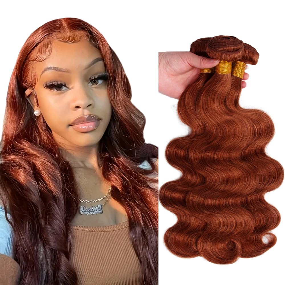 HuxoWax 30 32 34 Inch Body Wave #33 Reddish Brown Auburn Human Hair Extensions Doubles Weft Unprocessed Weave 3 Bundles 300g Human Hair Bundles Copper Red Color