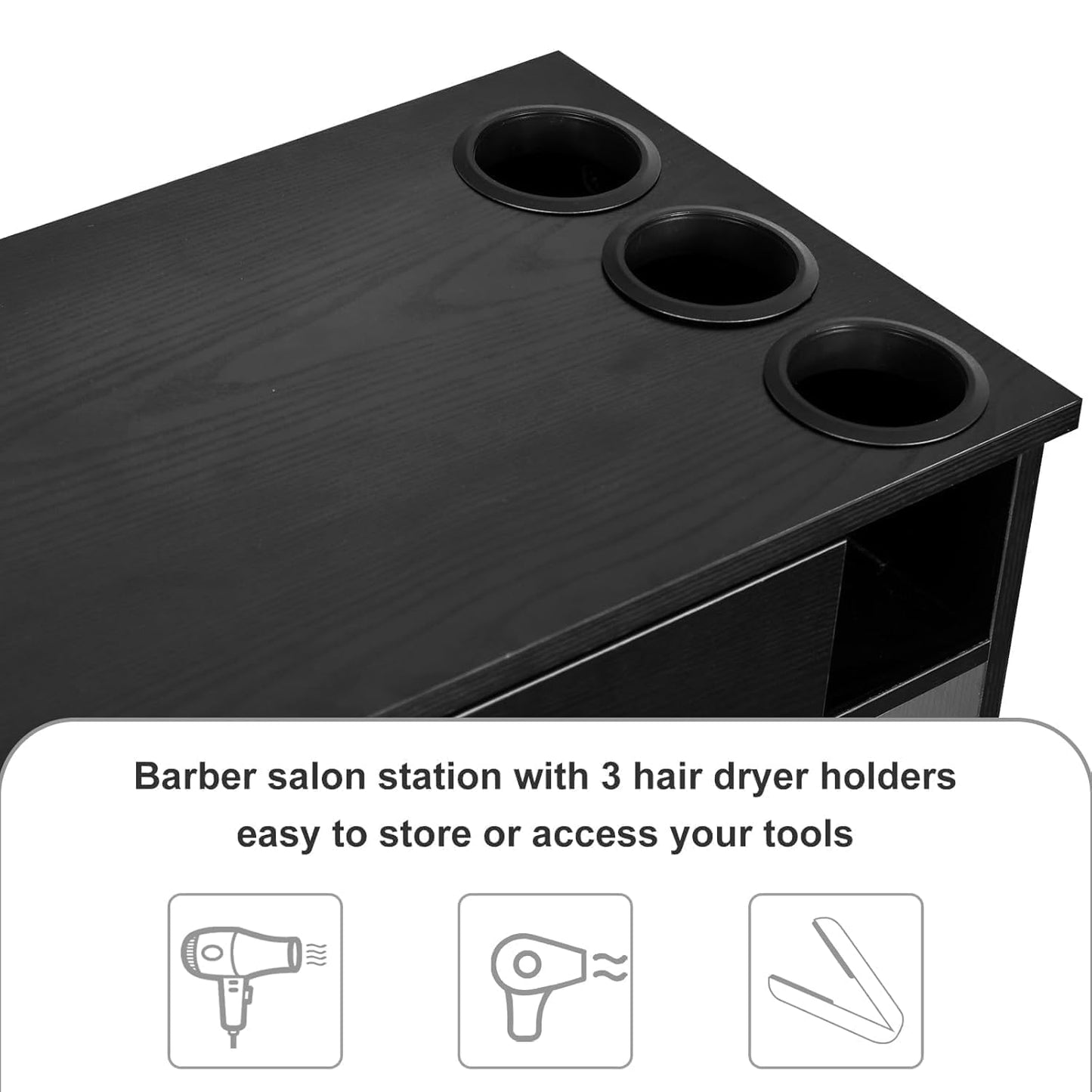 Salon Stations for Hair Stylists - Black Barber Station with 3 Hair Dryer Holders, 3 Drawers & Cabinet | Modern Design
