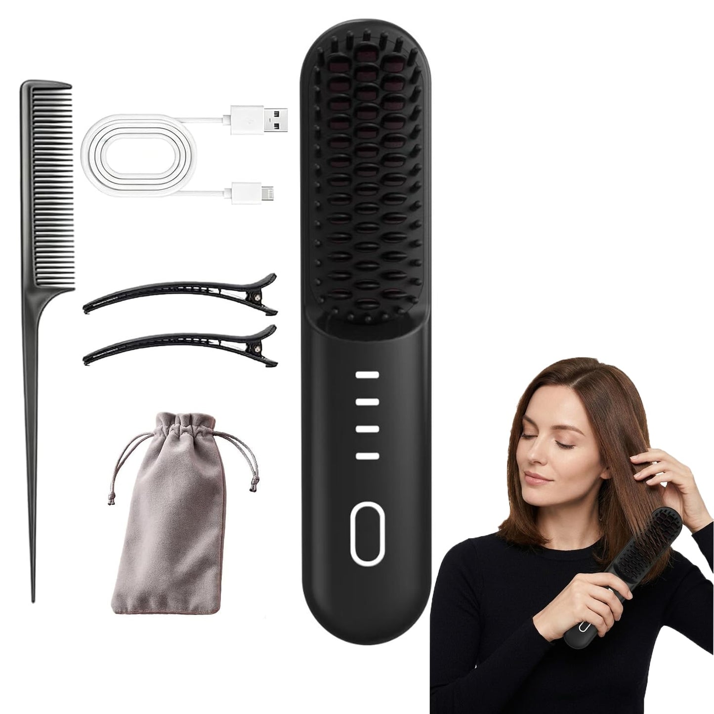 Flown Go Brush Pro for Short Hair, 2026 Upgraded Cordless Nucelia Hair Straightening Brush, 4 Temp Settings with 300m Ceramic Carenegative Ions for Frizz-Free, Portable Travel Styling Tool