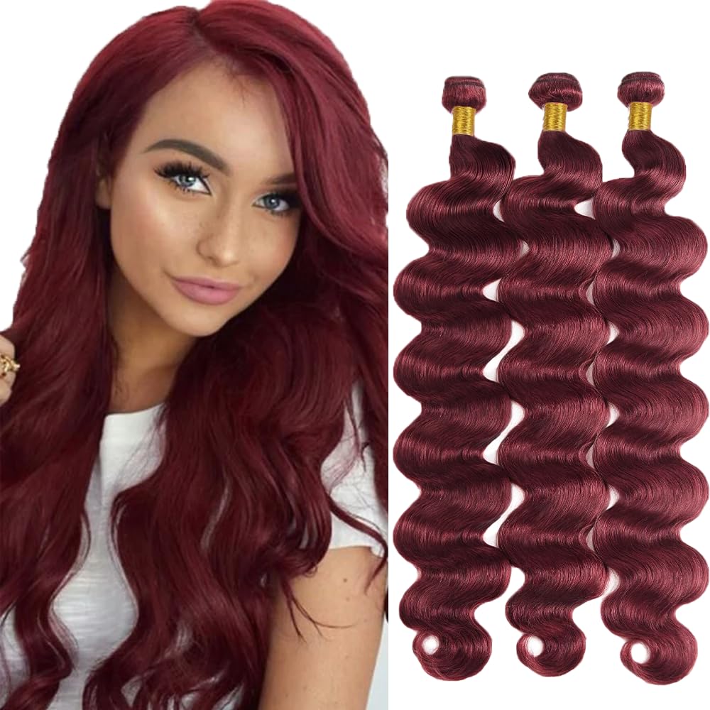 #99J Wine Red Human Hair Bundles Body Wave Bundles 32 32 32 Inch Burgundy Unprocessed Brazilian Virgin Hair 3 Bundle 50 Gram Per Bundle Deals Quick Weave Hair Extensions