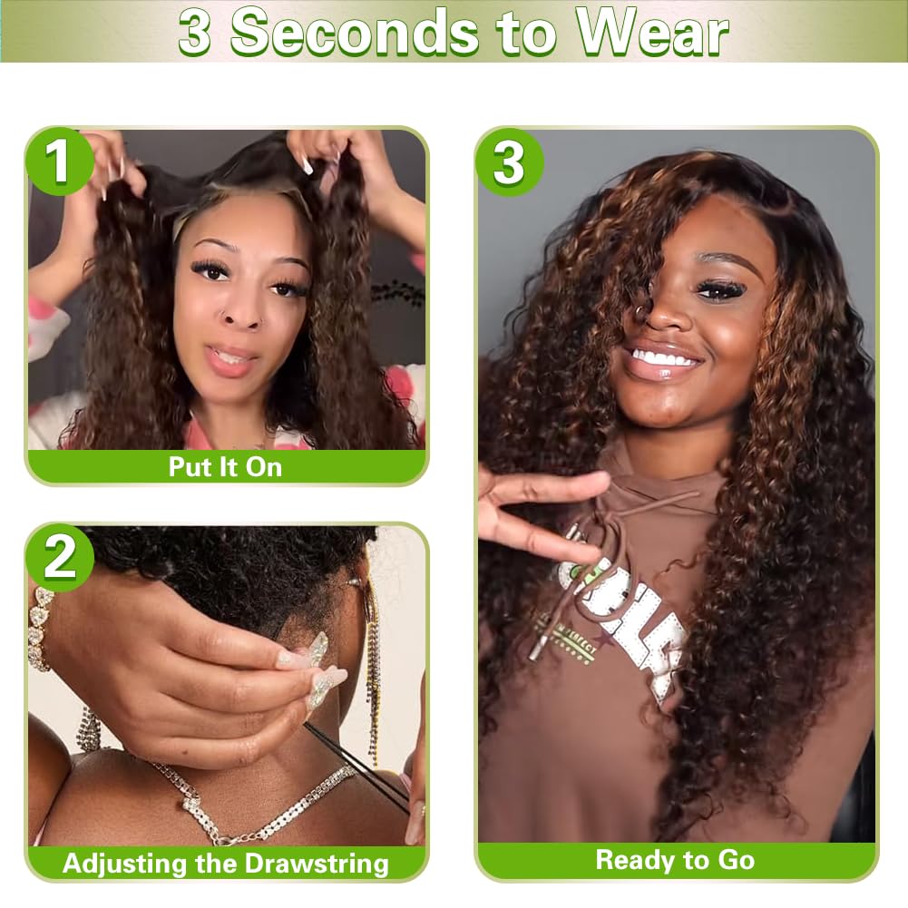 QUANDIAN Balayage Highlight Glueless Wigs Human Hair Pre Plucked Pre Cut 7x5 HD Lace 210 Density Deep Wave Lace Front Wigs Human Hair for Black Women Wear Go Drawstring Wig 18 Inch Ombre FB/30 Colored