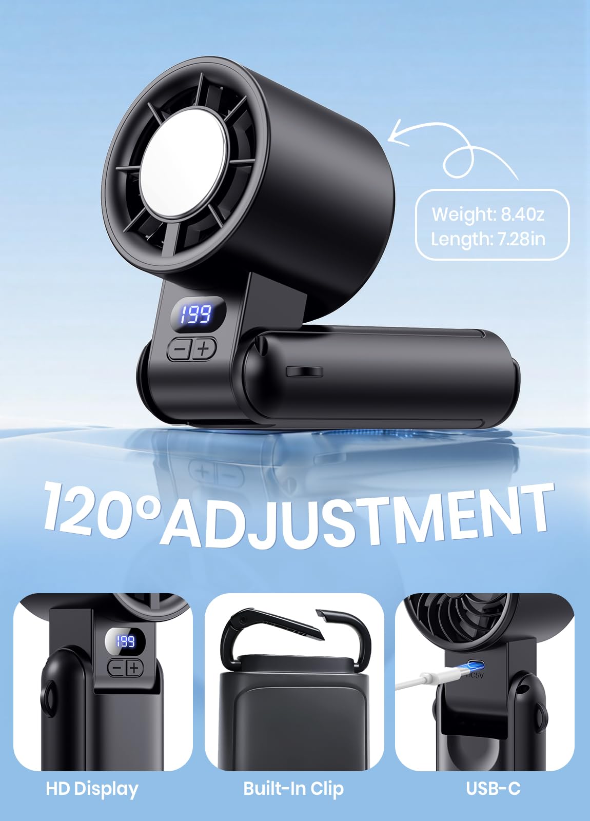 Deyhoc Portable Handheld Turbo Fan, 1-199 Speed Adjustable, Black