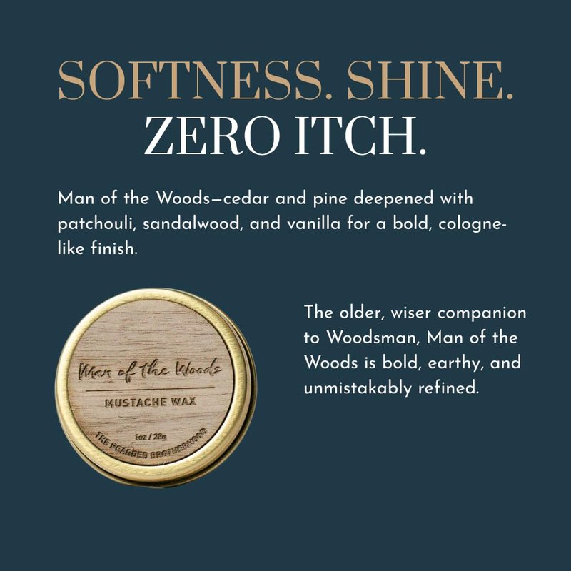 The Bearded Brotherhood TBB Man of the Woods Mustache Wax – Strong Hold Grooming Wax with Cedarwood, Patchouli, Sandalwood & Vanilla – Natural Styling Balm for Men, 1 oz