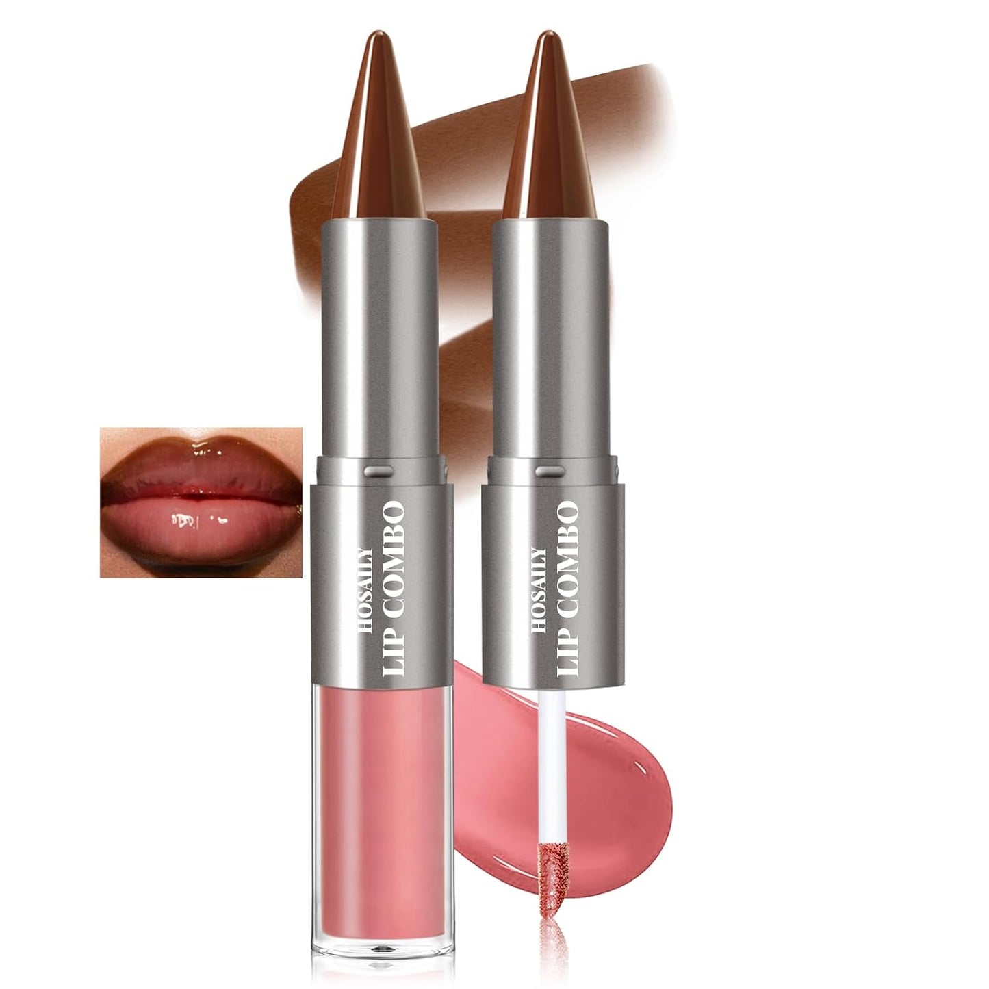 2 in 1 Lip Combo Set - Dark Brown Lip Liner & Moisturizing Liquid Lipstick | Plumping Glossy Finish