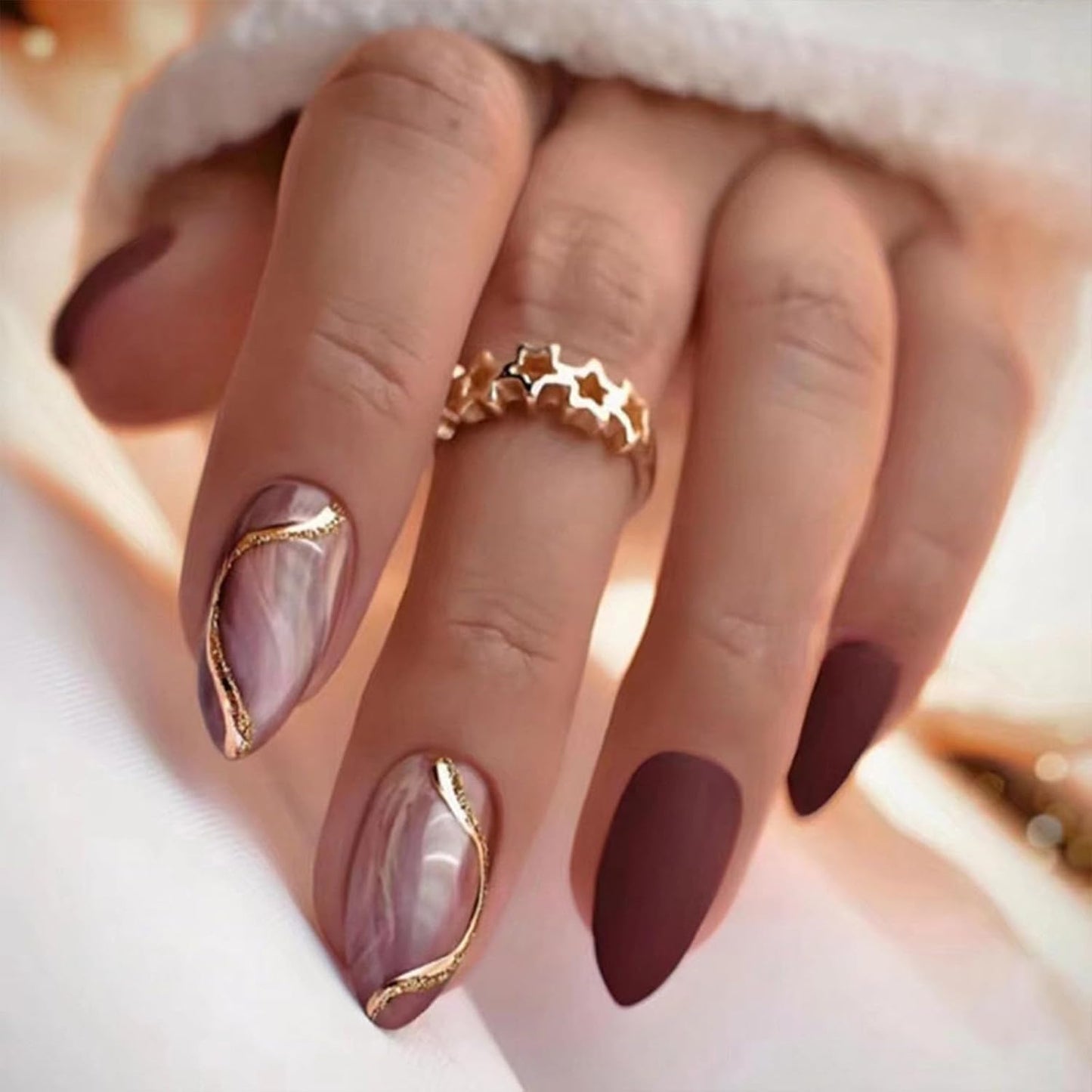 Press On Nails - Orange Almond Shape with Gold Glitter Swirl | 24 Pcs Acrylic Fake Nails for Women
